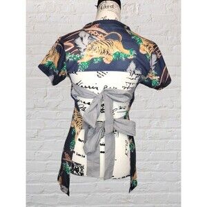 ASOS Tiger Print Open Back Shirt Womens 6 Blue Short Sleeve Double Tie Boho Edgy